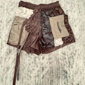 AKIRA Brown and Black Cargo Shorts with Patchwork Design